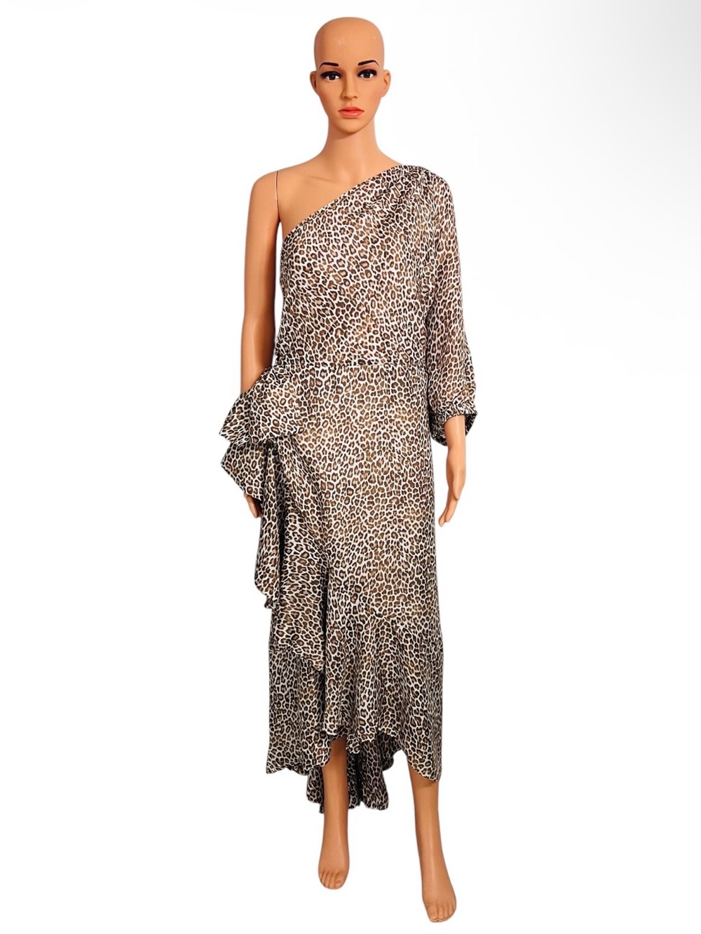 J crew One-Shoulder Leopard Print Ruffle Maxi Dress - Brown with bow in right